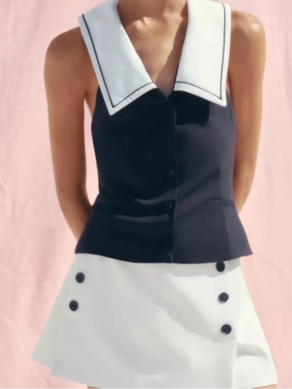 Zara Navy and White Sailor Collar Button Front Top